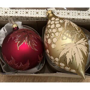 VARSOVIA Set 2 Glass Ornaments Made in Poland Burgundy Red Gold Glitter